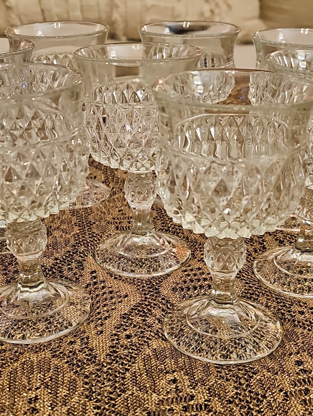 Vintage Indiana Glass, “Diamond Point”, Pressed Wine Glasses, Set of 8.